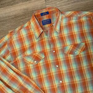 Pendleton Plaid Pearl Snap Western Shirt Orange Blue Cotton Men's Large